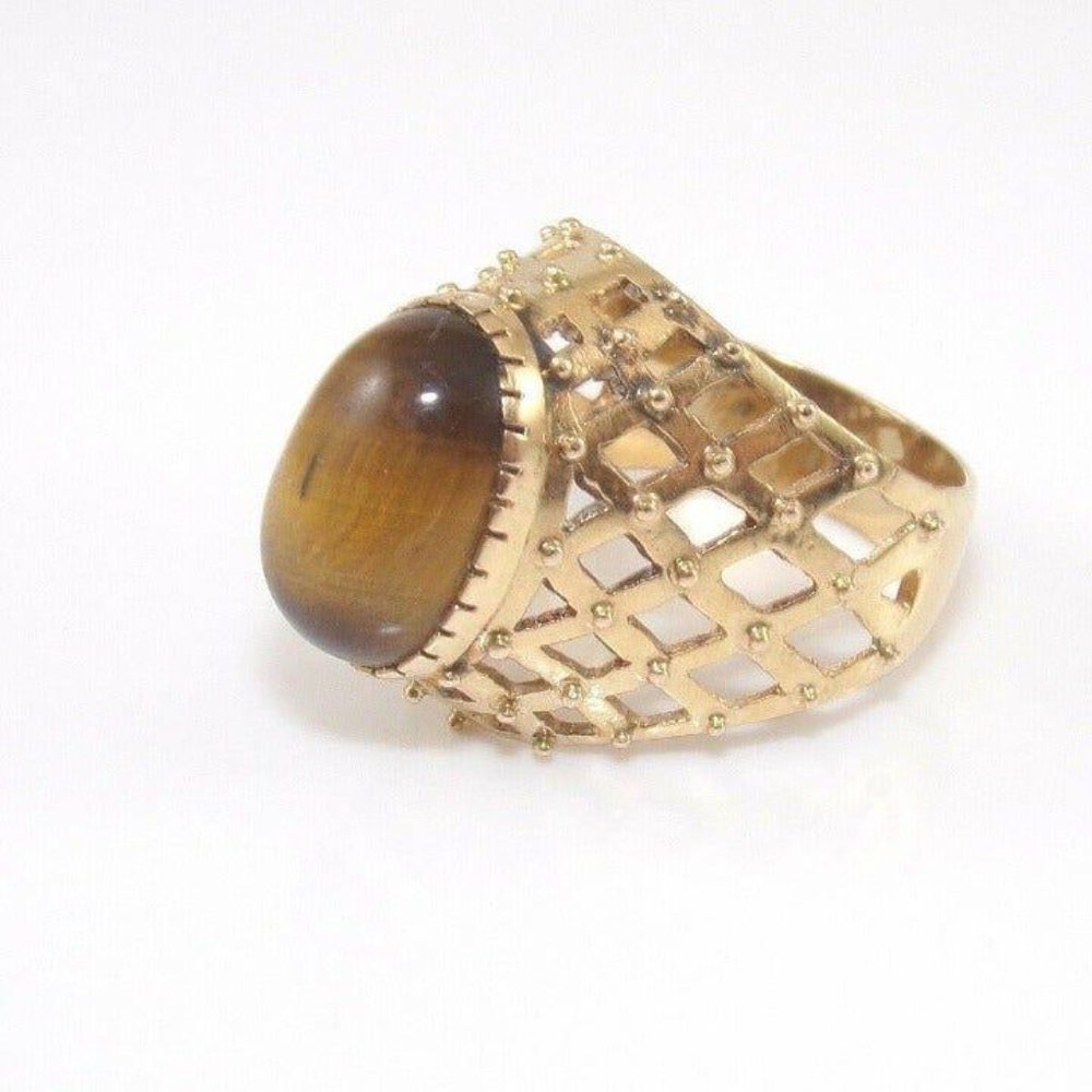 18K Gold Tiger’s Eye Cocktail Ring Size 6.25 - Picture 3 of 4
